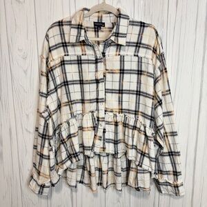 ORIGINALITY Plaid Flannel Hi-Lo Western Boho Gathered Ruffle Hem Oversized Top